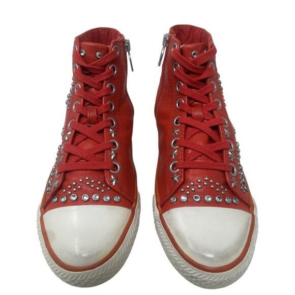 ASH Red Soft Leather High Top Sneakers Silver Studded Stars Distressed Toe 7 Y2K - Picture 4 of 13